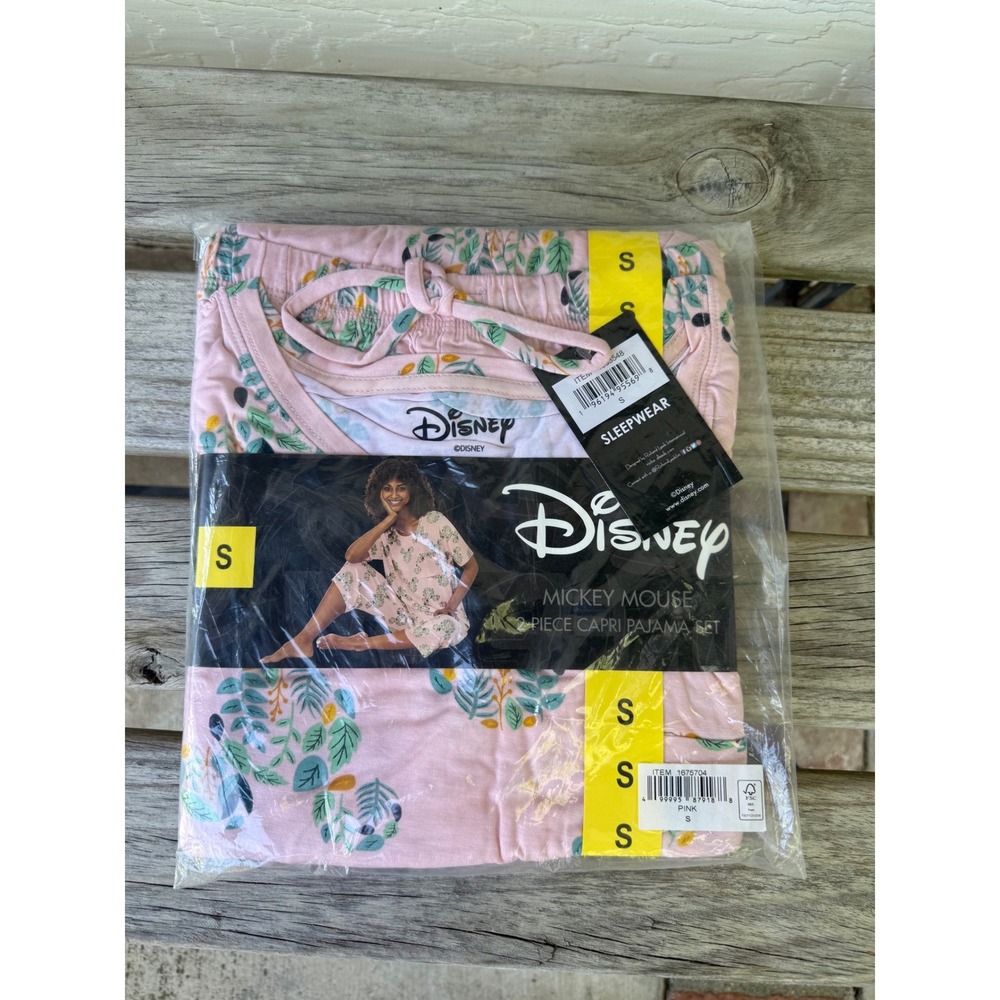 Disney Mickey Mouse 2 Piece Capri Pajama Set Pink Floral Leaf Print Size Small